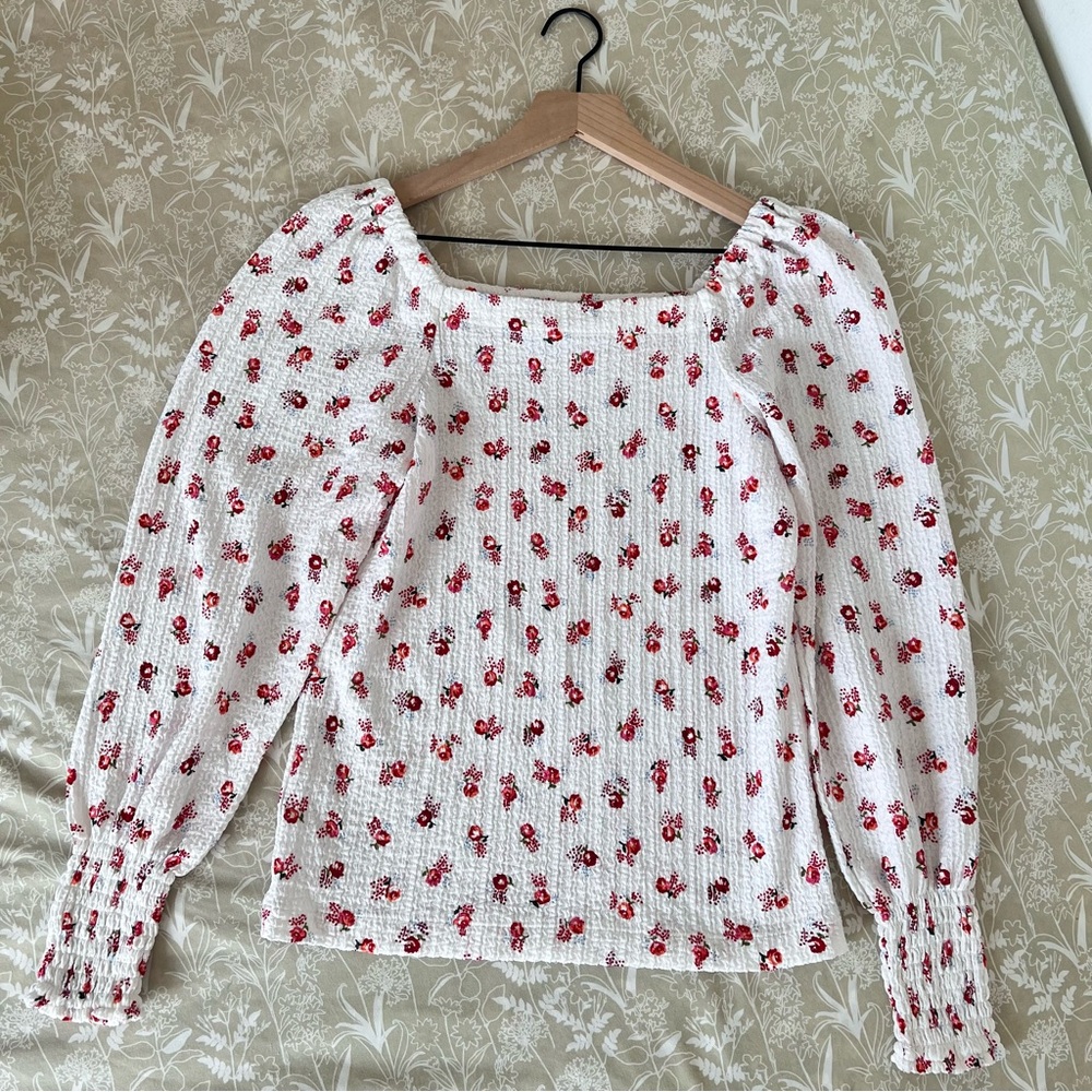 LOFT White Blouse with Red Floral Pattern